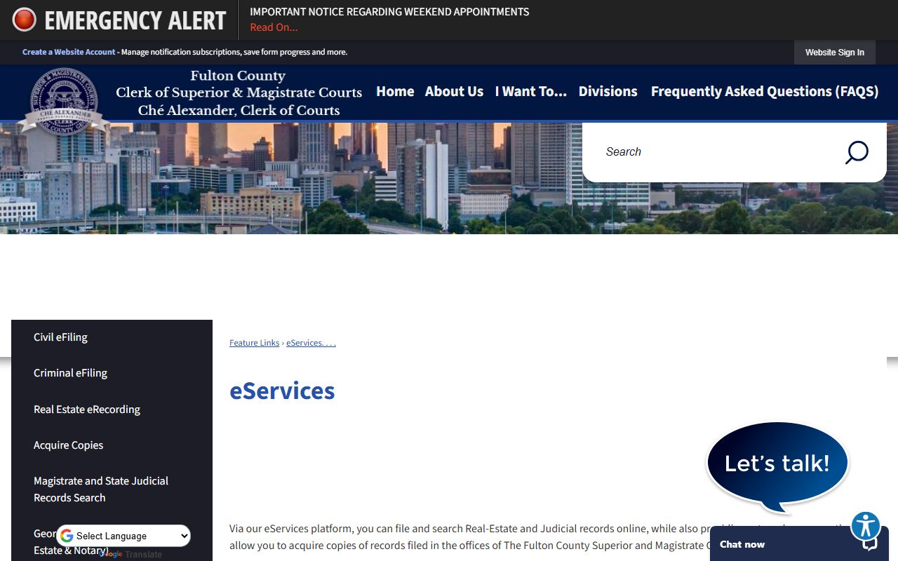 Fulton County Clerk eServices page listing Smart Search and court records tools