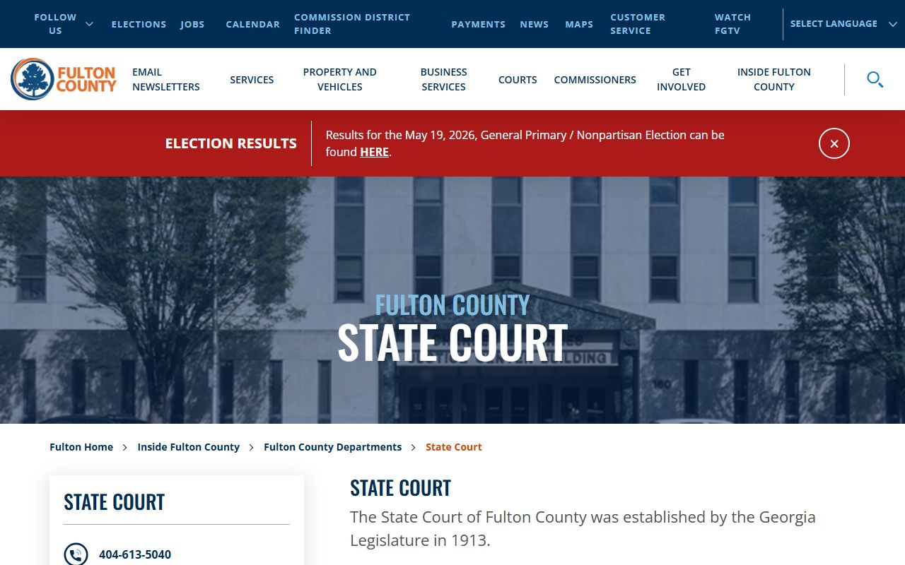 Fulton County State Court department page covering traffic and misdemeanor cases