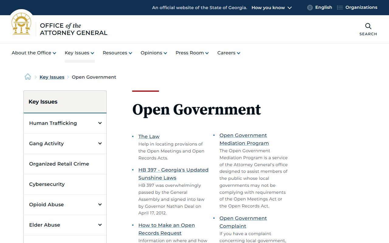 Georgia Attorney General open government page covering open records law