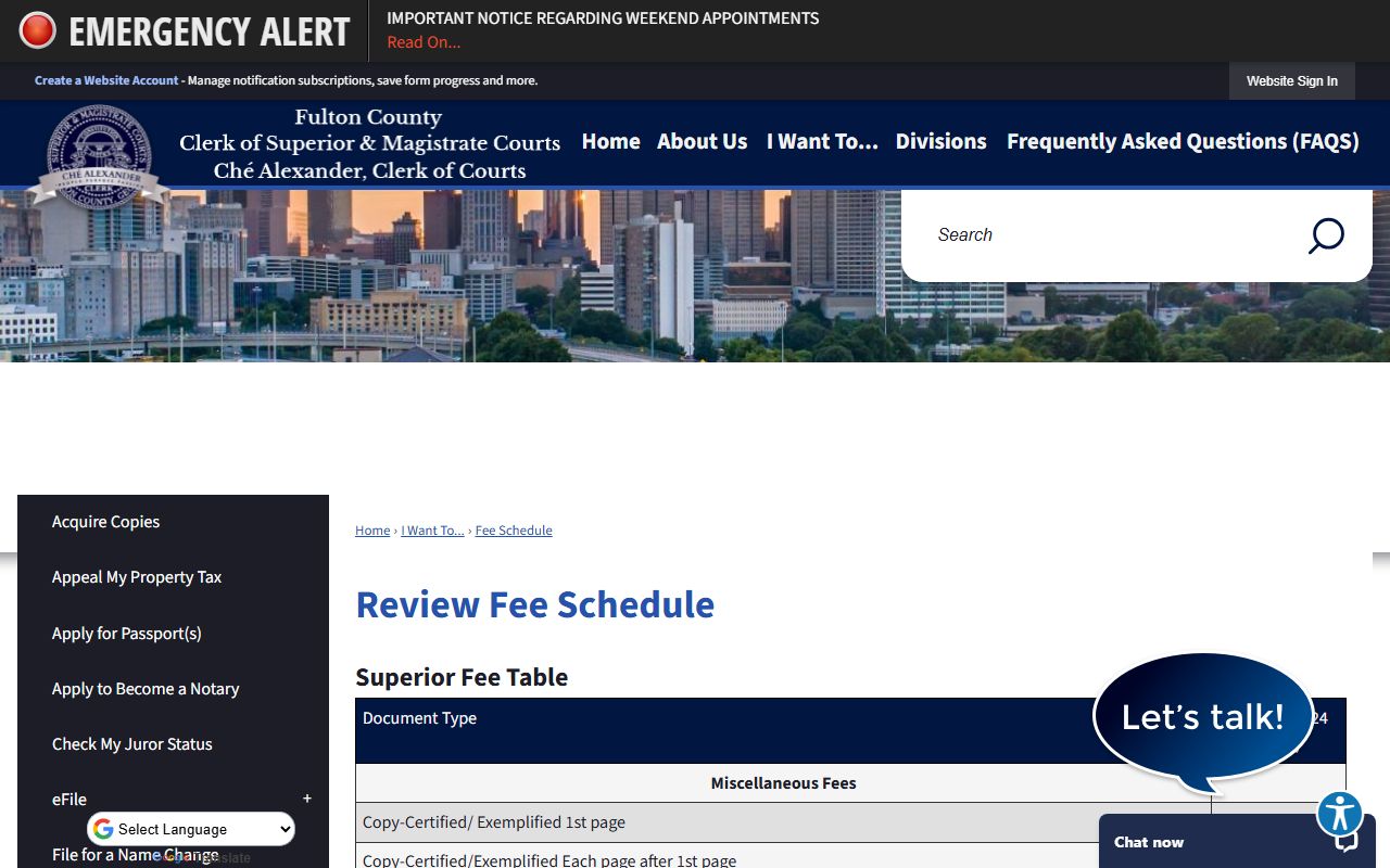 Fulton County Clerk fee schedule page