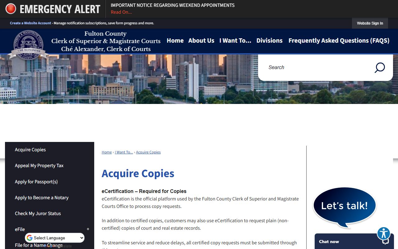 Fulton County Clerk Acquire Copies page for eCertification