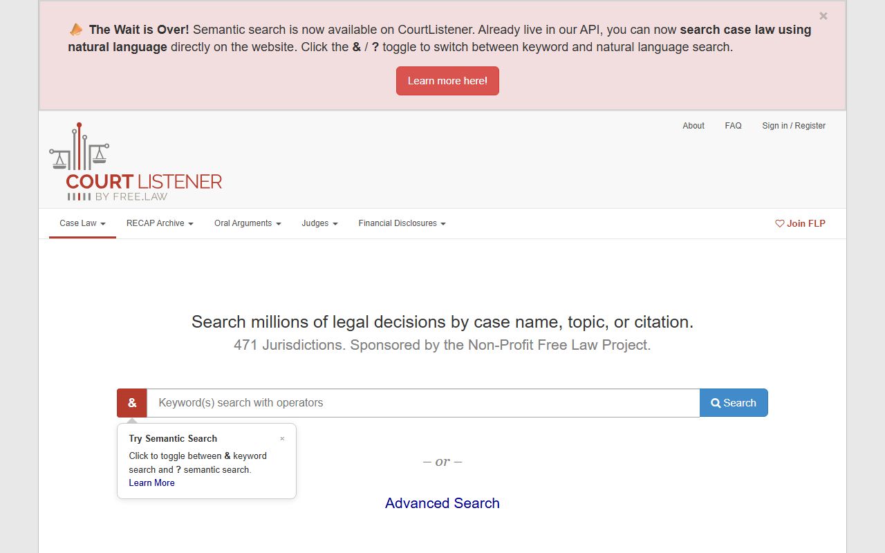 CourtListener free legal search homepage for federal and appellate opinions