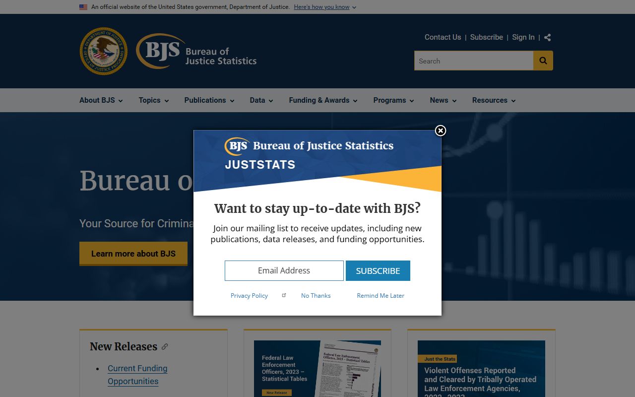 Bureau of Justice Statistics homepage with national jail and prison data