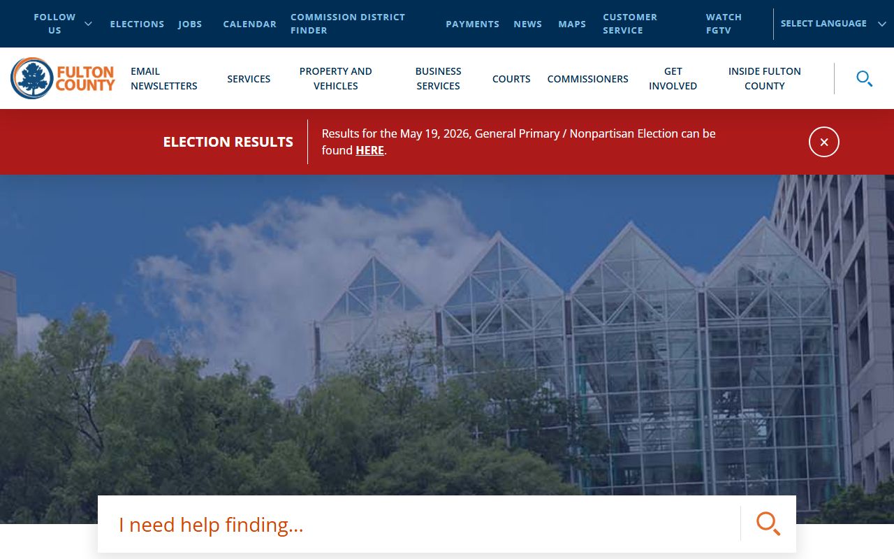 Fulton County government homepage with links to commissioners and Sheriff