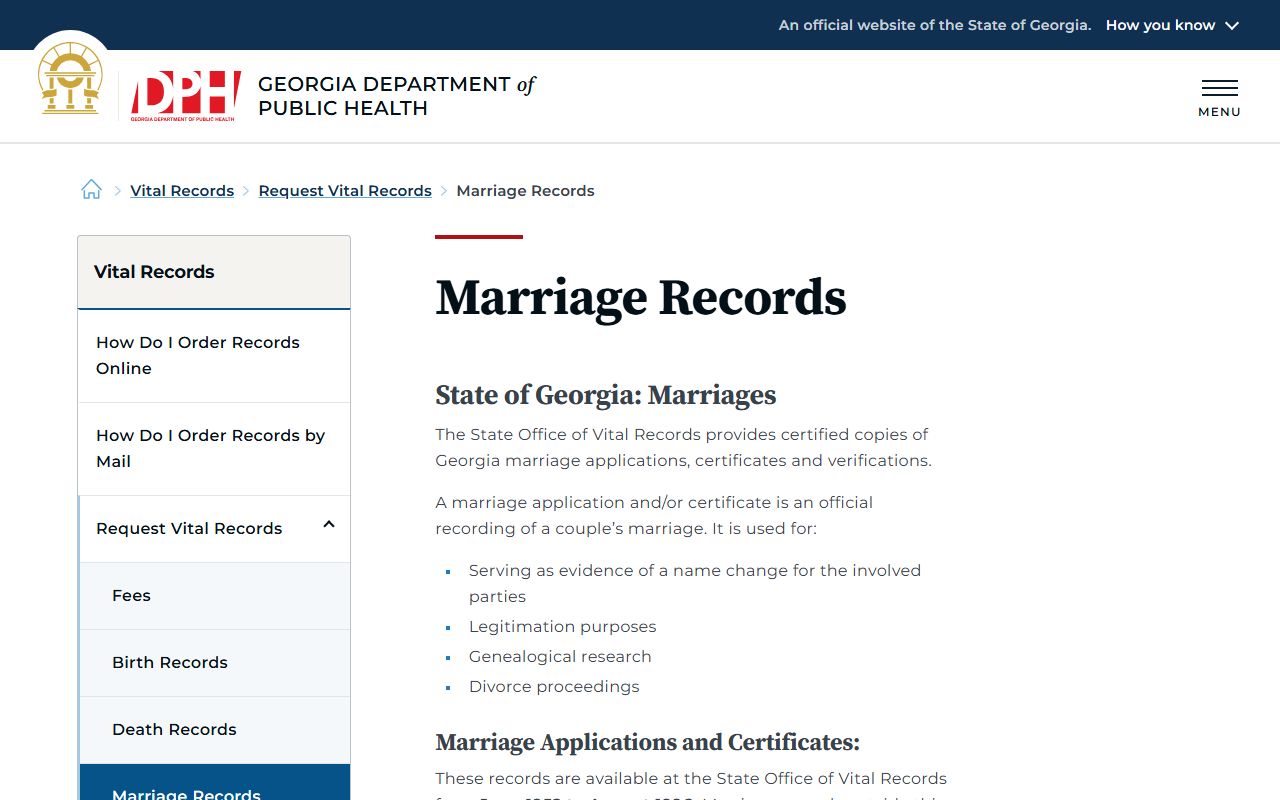 Georgia DPH page for requesting marriage and vital records
