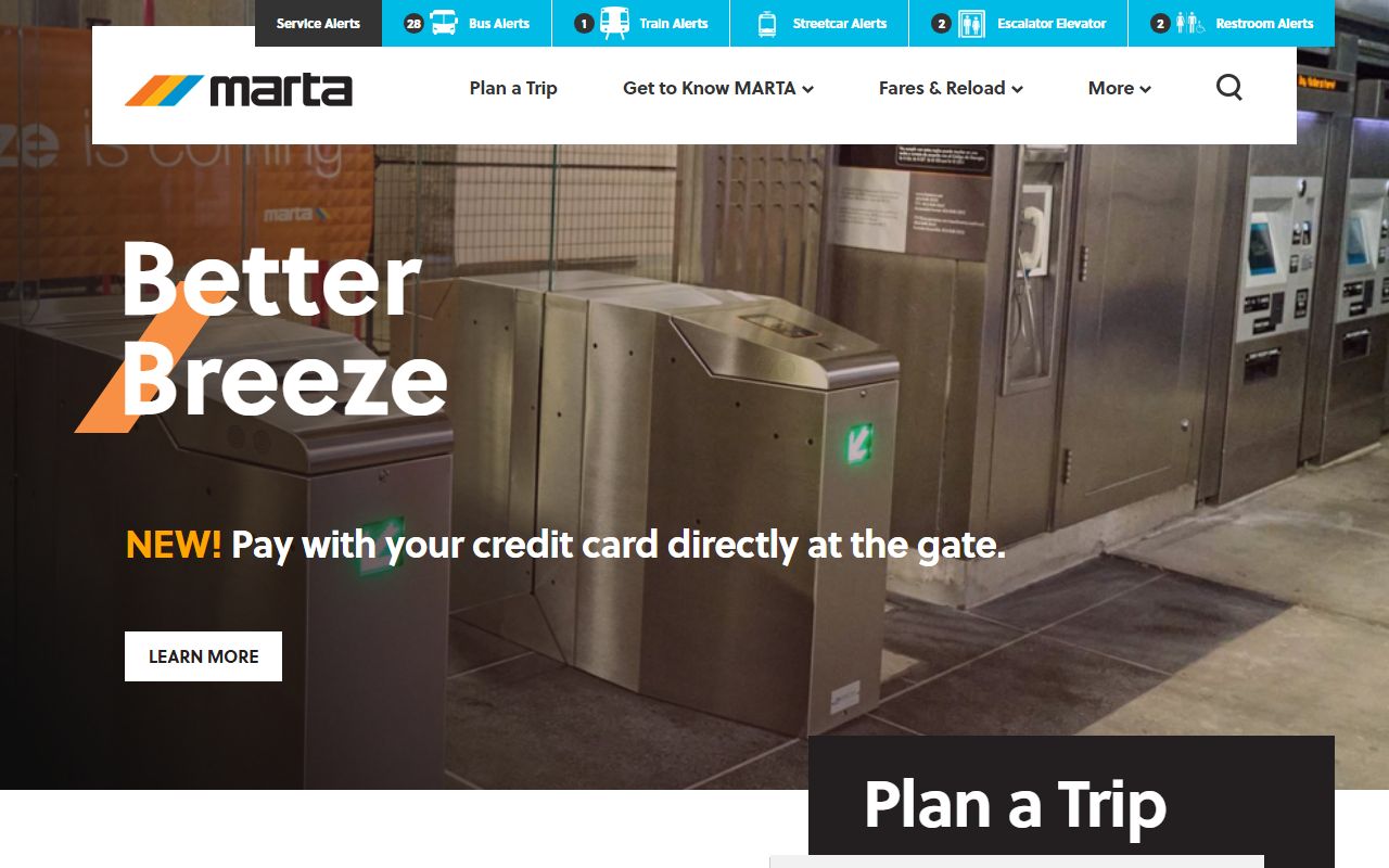 MARTA transit homepage for Atlanta rail and bus service