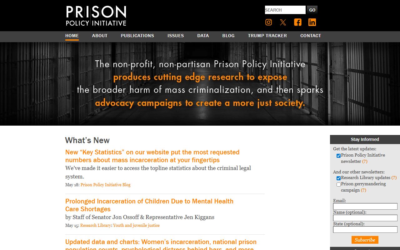 Prison Policy Initiative homepage with incarceration research and data