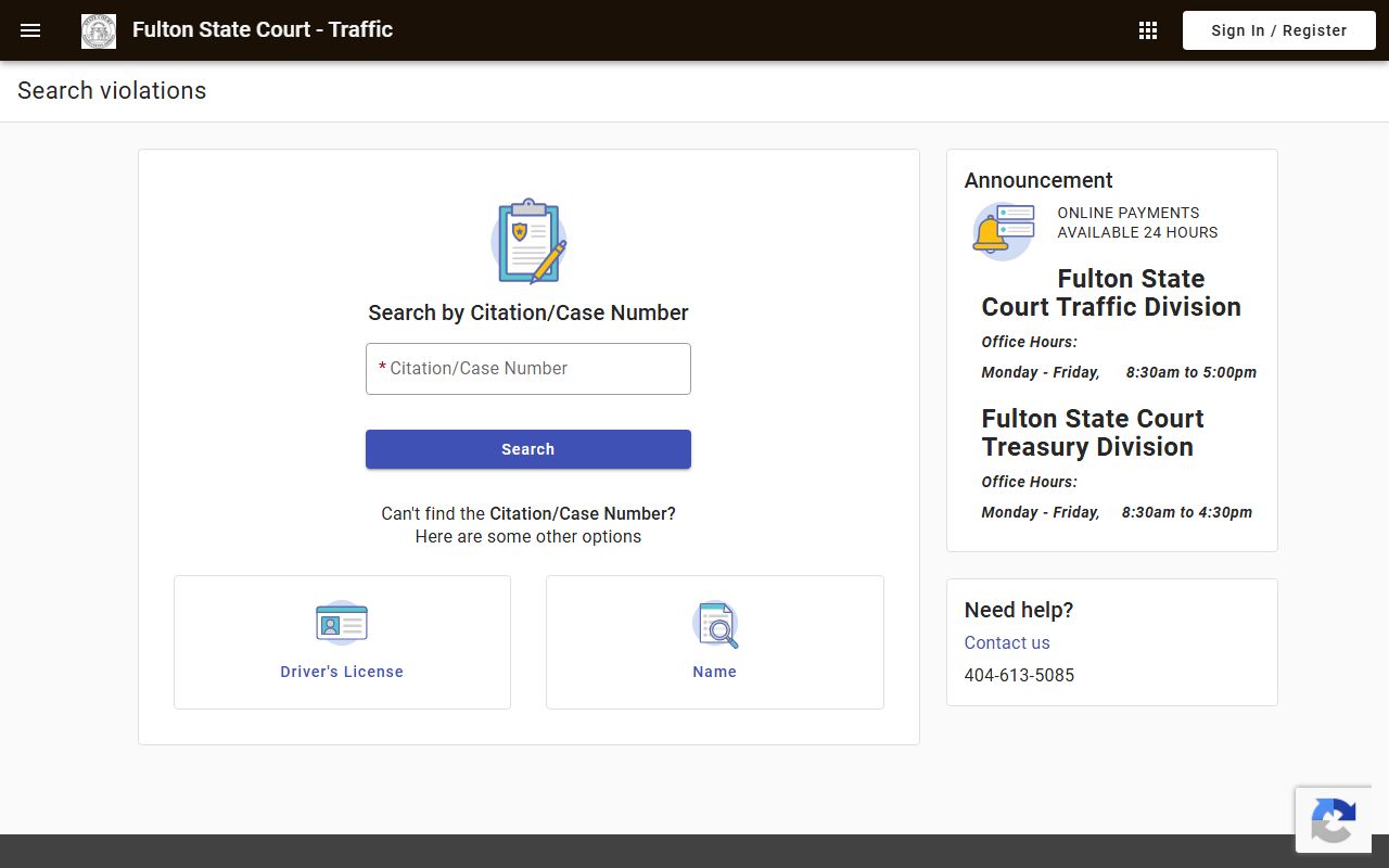 Fulton State Court traffic citation search and payment interface